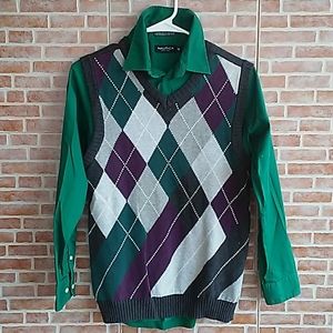 Grey vest has purple, green and light grey